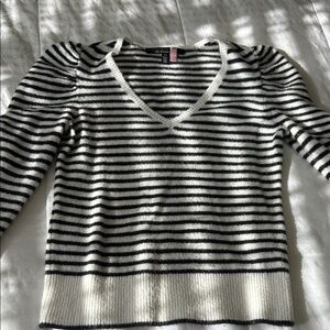 White House Black Market Black and White Striped V-Neck Sweater